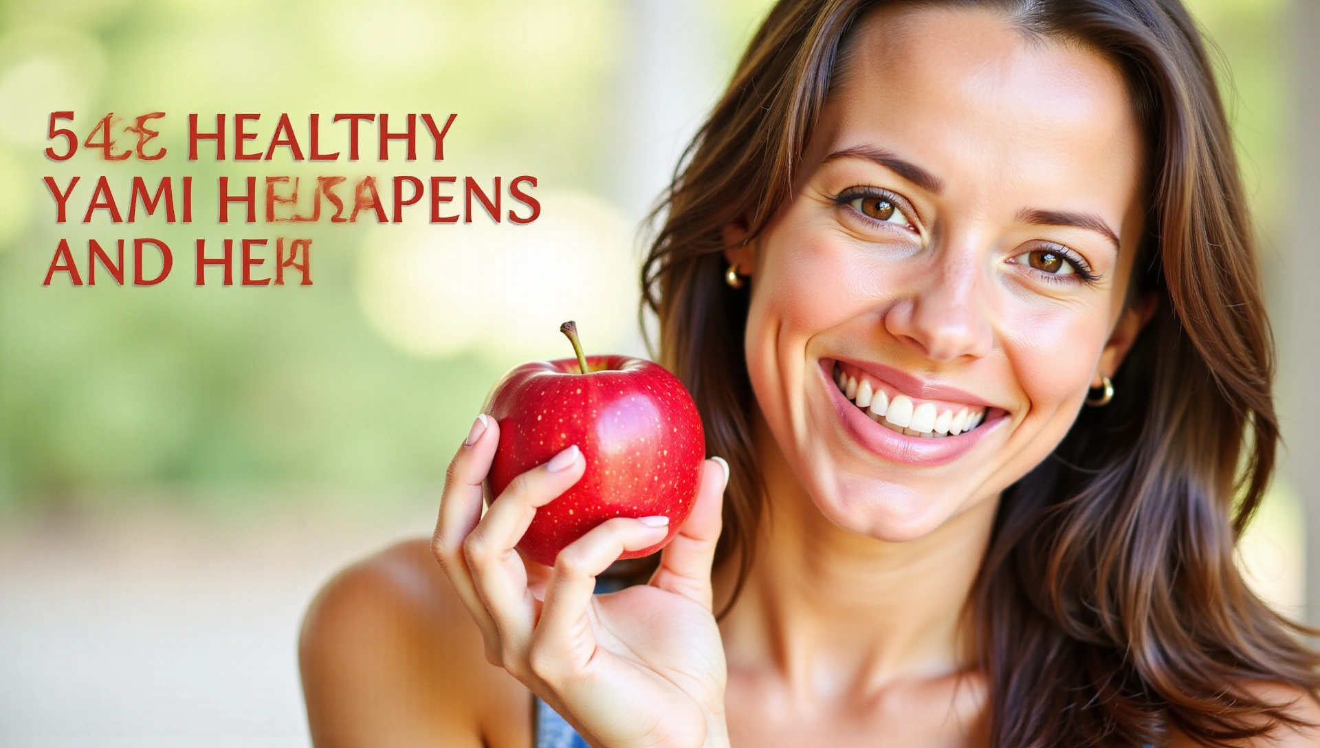 Žena se usmívá a drží v ruce jablko, symbolizující zdravý životní styl a výživu.