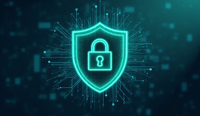 Ilustrace zabezpečení dat a ochrany soukromí s ikonou štítu a zámku.