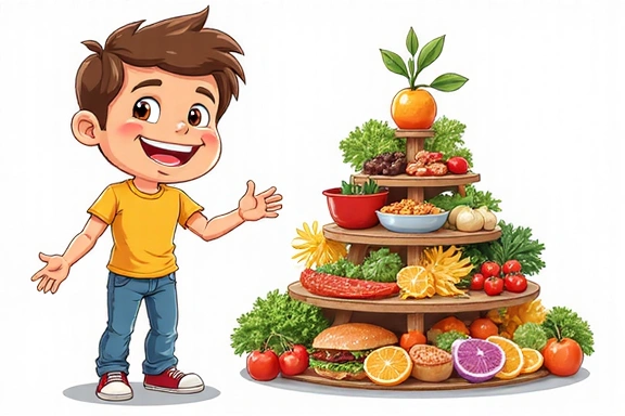 Ilustrace osoby s úsměvem a potravinovou pyramidou