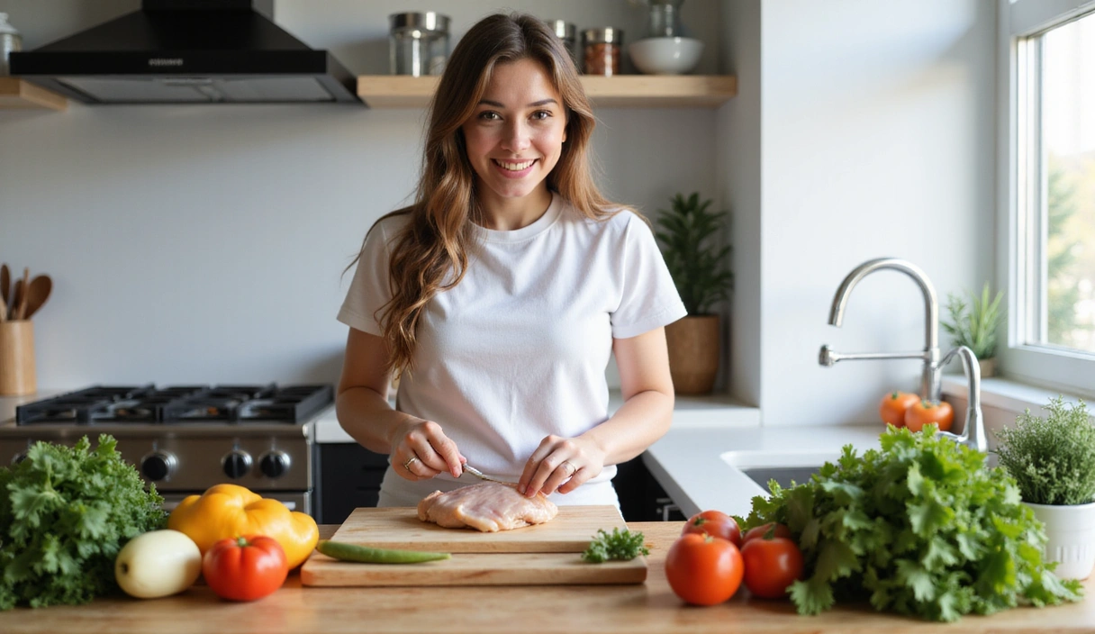 Mladá žena připravuje zdravé jídlo s kuřecím masem a zeleninou, zdůrazňující důležitost bílkovin ve stravě.